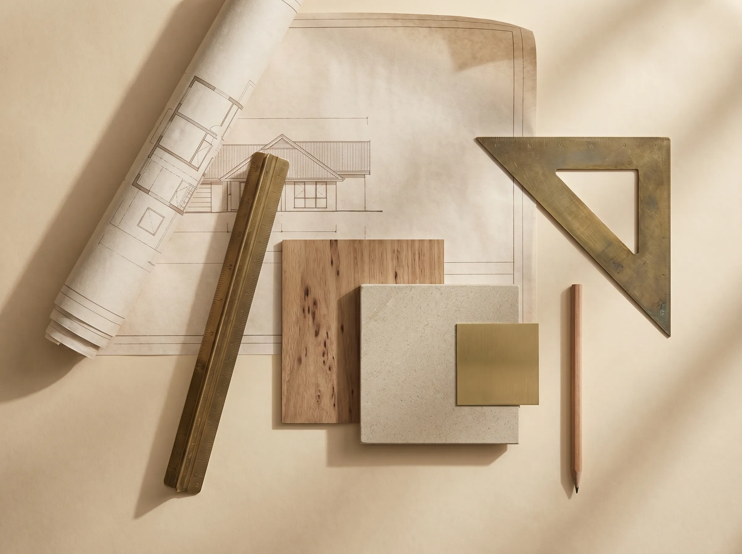 Architectural plans and material swatches